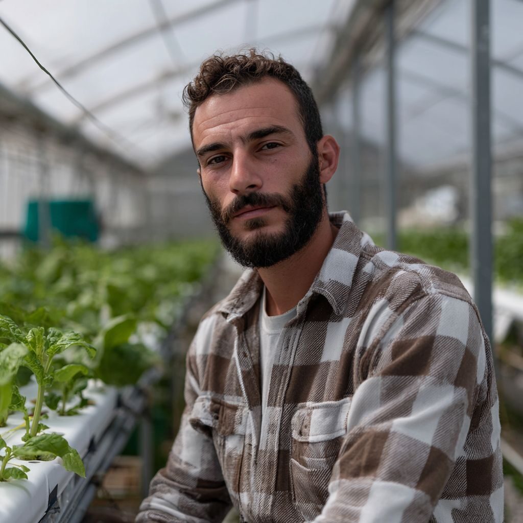 A Syrian Agricultural Engineer, portraits, in the background hydroponic farm